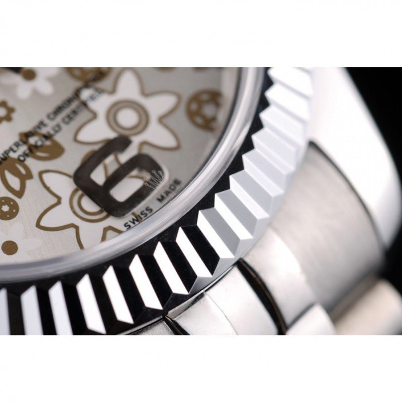 Replica Rolex DateJust Stainless Steel Ribbed Bezel Flower Silver Dial 41983 - View 7