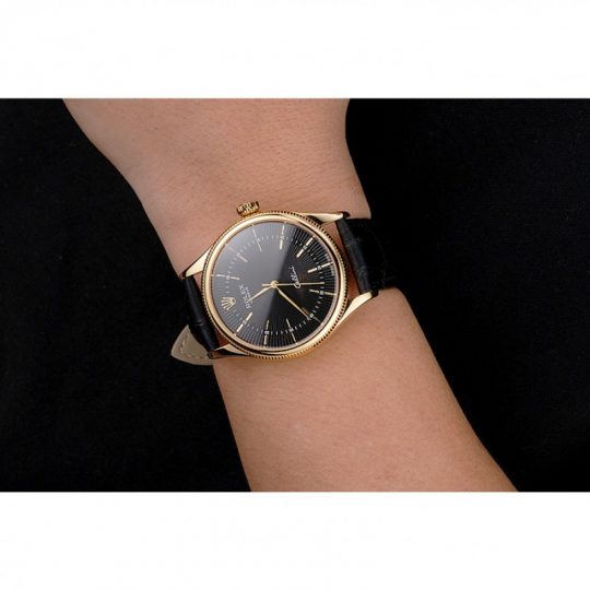 Replica Rolex Cellini Black Dial Gold Markings Gold Case Black Leather Strap - View 6