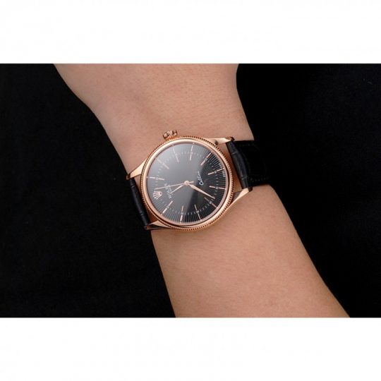 Replica Rolex Cellini Black Dial Rose Gold Markings Rose Gold Case Black Leather Strap - View 5