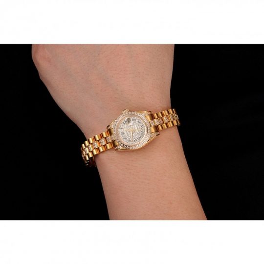 Replica Rolex DayJust Diamond Pave Dial Gold Diamond Bracelet 1453955 - View 5