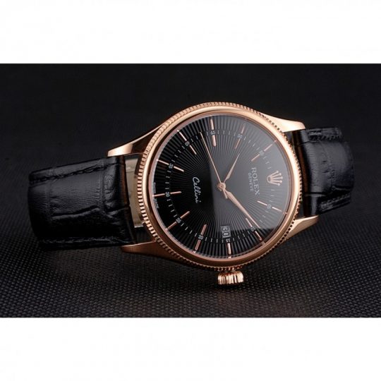 Replica Rolex Cellini Date Black Dial Rose Gold Markings Rose Gold Case Black Leather Strap - View 5