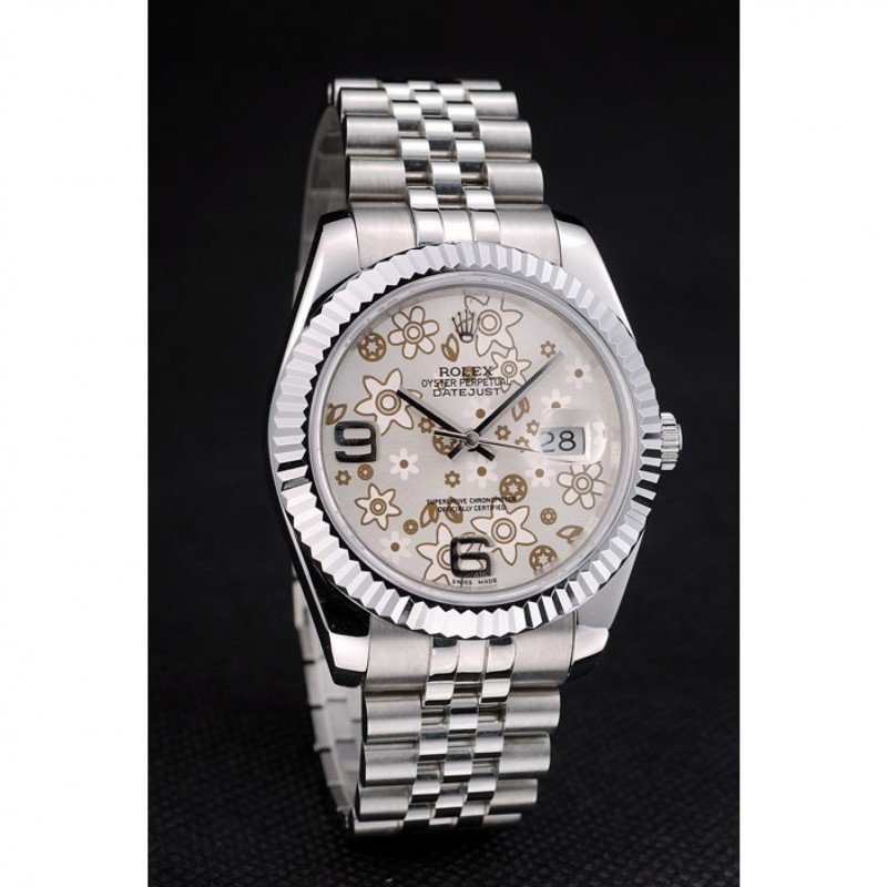 Replica Rolex DateJust Stainless Steel Ribbed Bezel Flower Silver Dial 41983 - View 3
