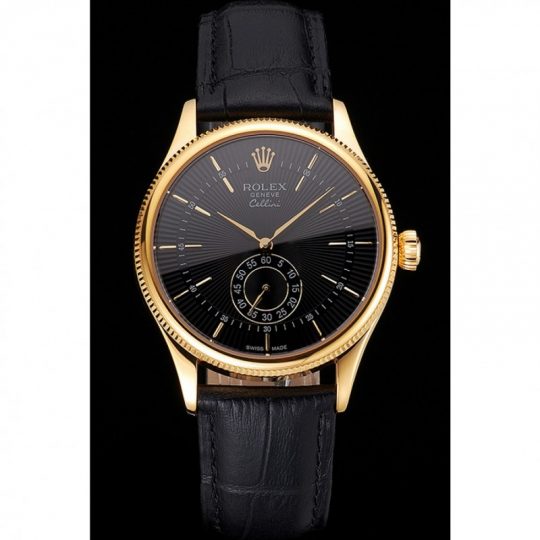 Replica Rolex Cellini Black Dial Gold Case Black Leather Strap - View 2