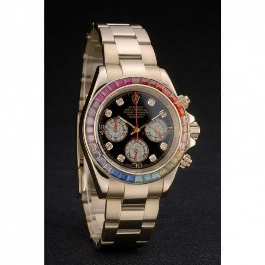 Replica Rolex Daytona Cosmograph Rainbow Crystals Bezel Rose Gold Strap Black Dial 80251 - View 3