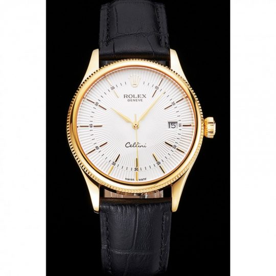 Replica Rolex Cellini Date White Dial Gold Case Black Leather Strap - View 3