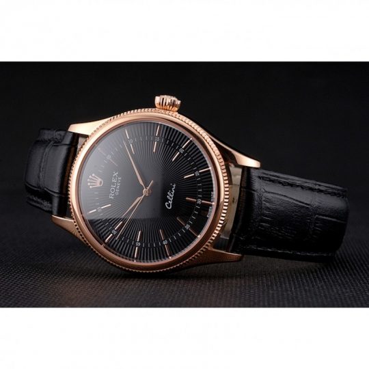 Replica Rolex Cellini Black Dial Rose Gold Markings Rose Gold Case Black Leather Strap - View 6