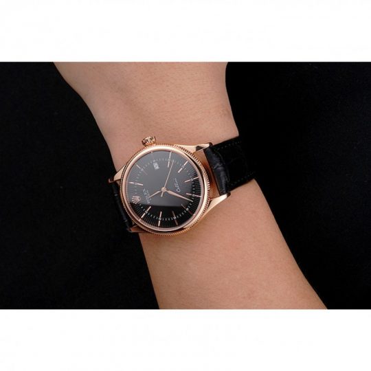Replica Rolex Cellini Date Black Dial Rose Gold Markings Rose Gold Case Black Leather Strap - View 6