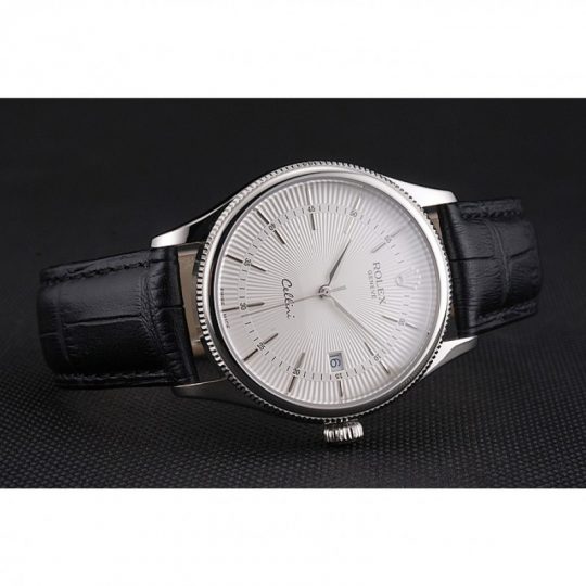Replica Rolex Cellini Date White Dial Stainless Steel Case Black Leather Strap - View 5