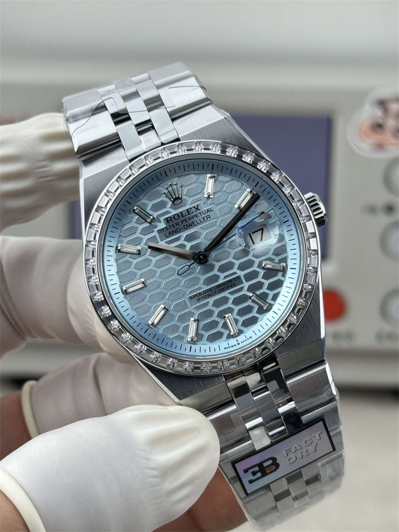 3B Factory Rolex Land-Dweller 127386TBR-0001 Replica – Platinum Look, Diamond Bezel &amp; 163g Full Weight - clean factory product image 4
