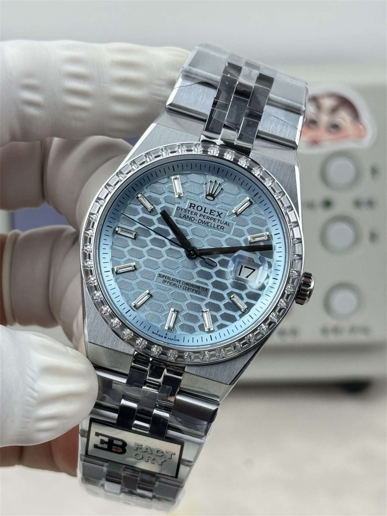 3B Factory Rolex Land-Dweller 127386TBR-0001 Replica – Platinum Look, Diamond Bezel &amp; 163g Full Weight - clean factory product image 5
