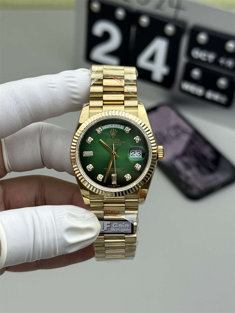 Rolex President 36mm Replica (QF Factory) – 158g Tungsten Green Ombré Diamond - clean factory product image
