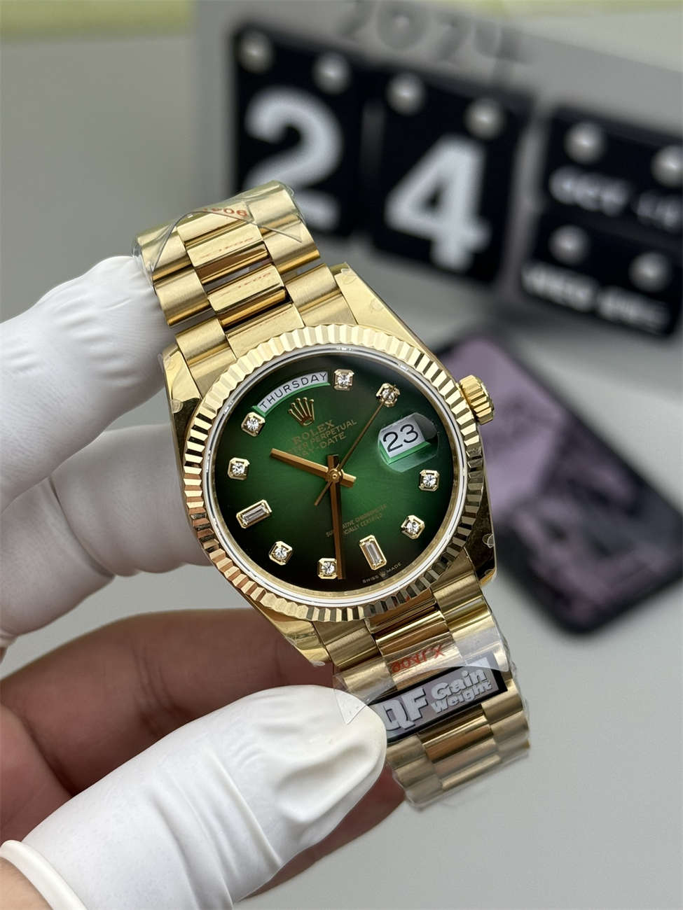 Rolex President 36mm Replica (QF Factory) – 158g Tungsten Green Ombré Diamond - clean factory product image 2