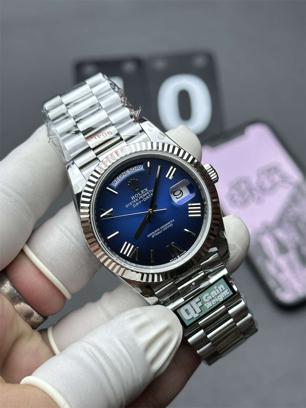 Rolex Day-Date 36 White Gold Replica (QF Factory) – 158g Tungsten Blue Ombré - clean factory product image 2