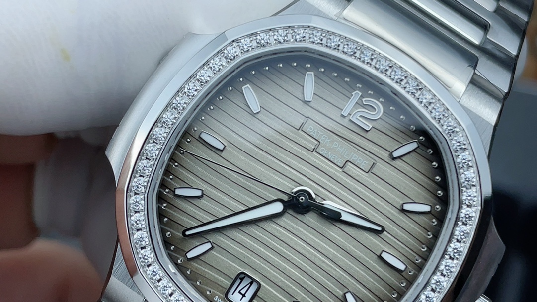 Patek Philippe Nautilus 7118 Replica – Grey Dial Diamond Bezel Ladies Watch - clean factory product image 4