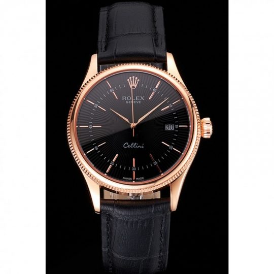 Replica Rolex Cellini Date Black Dial Rose Gold Markings Rose Gold Case Black Leather Strap - View 2