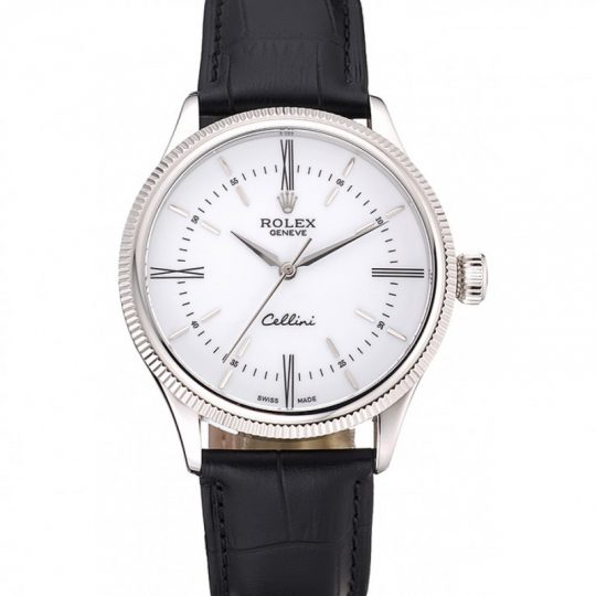 Replica Rolex Cellini Time Silver Case White Dial Black Leather Bracelet 622653 - View 1