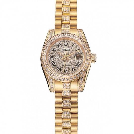 Replica Rolex DayJust Diamond Pave Dial Gold Diamond Bracelet 1453955 - View 1