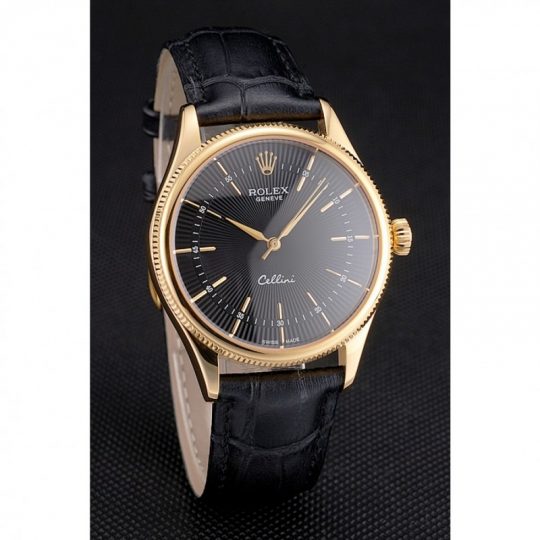 Replica Rolex Cellini Black Dial Gold Markings Gold Case Black Leather Strap - View 3