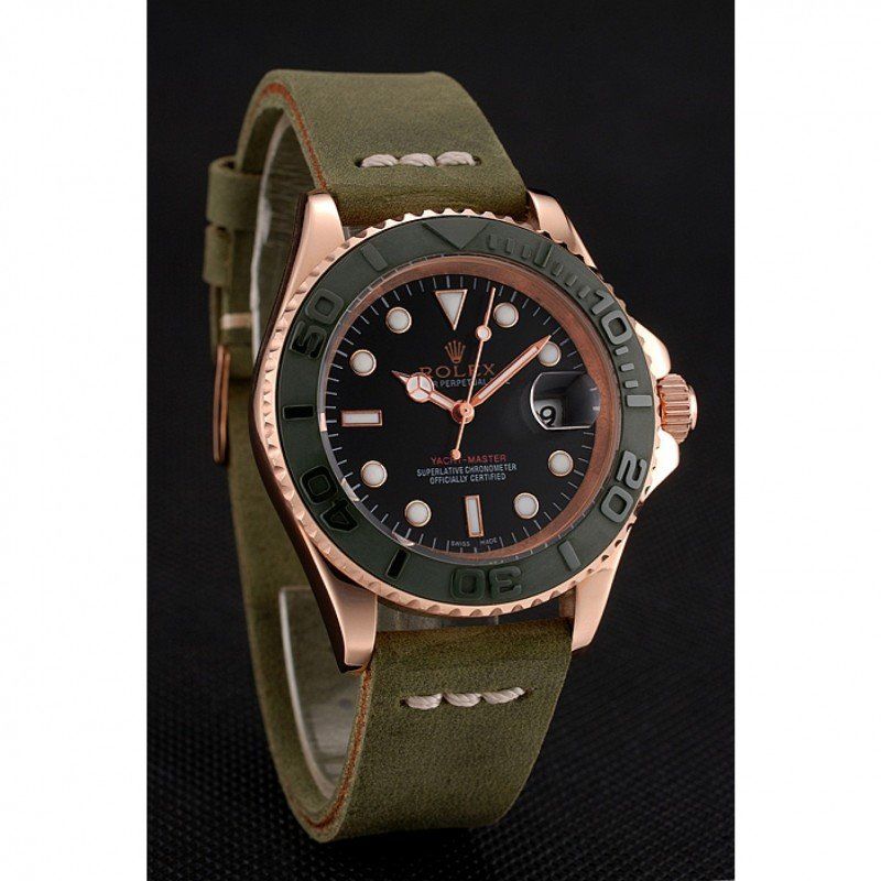 Replica Rolex Yacht-Master Black Dial Green Bezel Rose Gold Case Green Leather Bracelet 1453862 - View 2