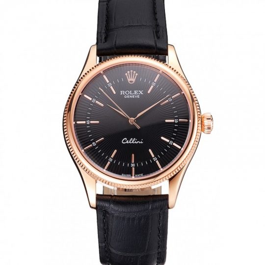 Replica Rolex Cellini Black Dial Rose Gold Markings Rose Gold Case Black Leather Strap - View 1