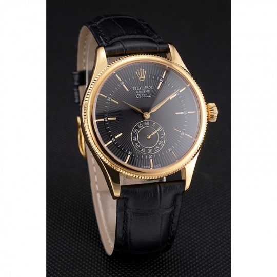Replica Rolex Cellini Black Dial Gold Case Black Leather Strap - View 3