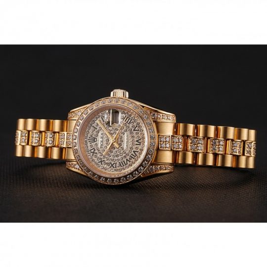 Replica Rolex DayJust Diamond Pave Dial Gold Diamond Bracelet 1453955 - View 4