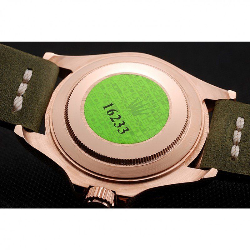 Replica Rolex Yacht-Master Black Dial Green Bezel Rose Gold Case Green Leather Bracelet 1453862 - View 6