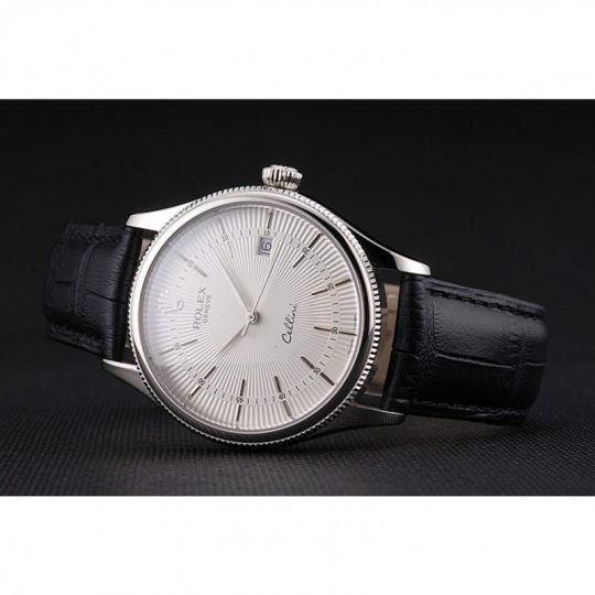 Replica Rolex Cellini Date White Dial Stainless Steel Case Black Leather Strap - View 6