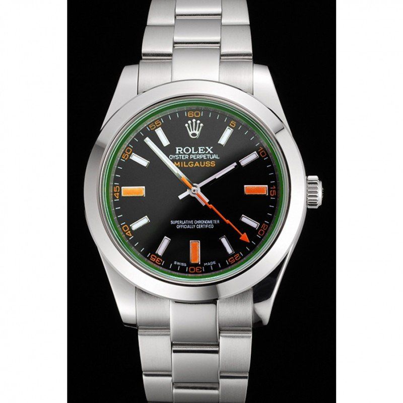 Replica Rolex Milgauss Black Dial Orange Markings Stainless Steel Case And Bracelet - View 2