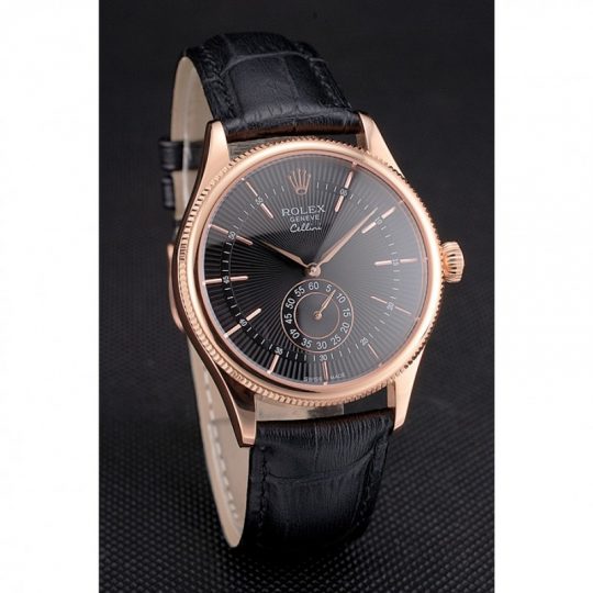 Replica Rolex Cellini Black Dial Rose Gold Case Black Leather Strap - View 3