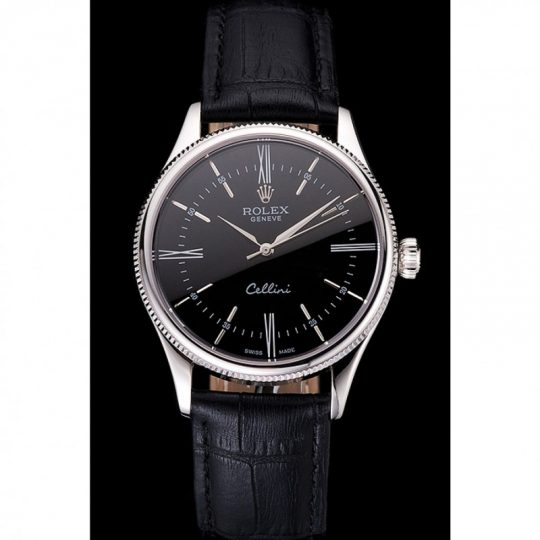 Replica Rolex Cellini Black Dial Roman Numerals Stainless Steel Case Black Leather Strap - View 2