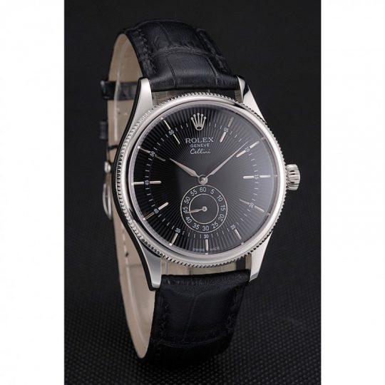 Replica Rolex Cellini Black Dial Stainless Steel Case Black Leather Strap - View 3
