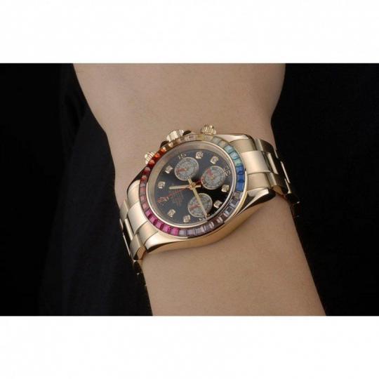 Replica Rolex Daytona Cosmograph Rainbow Crystals Bezel Rose Gold Strap Black Dial 80251 - View 9