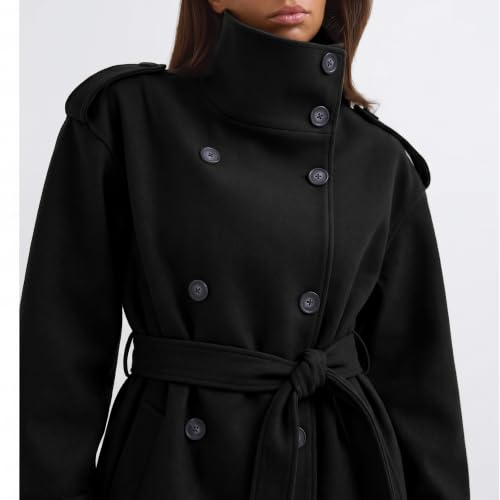 Belted Cropped Pea Coats for Women Fall Winter Funnel Neck Jacket