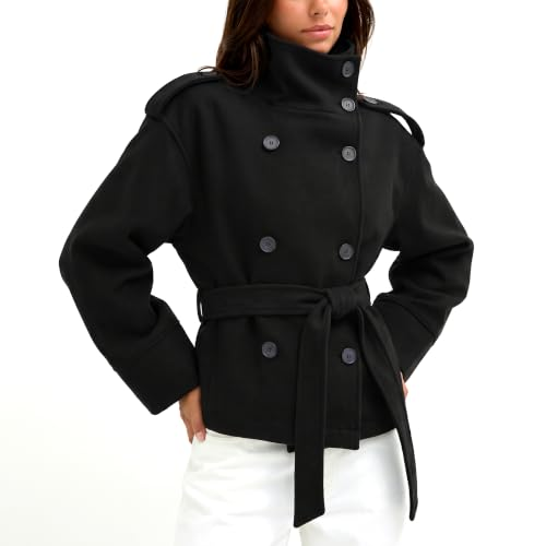 Belted Cropped Pea Coats for Women Fall Winter Funnel Neck Jacket