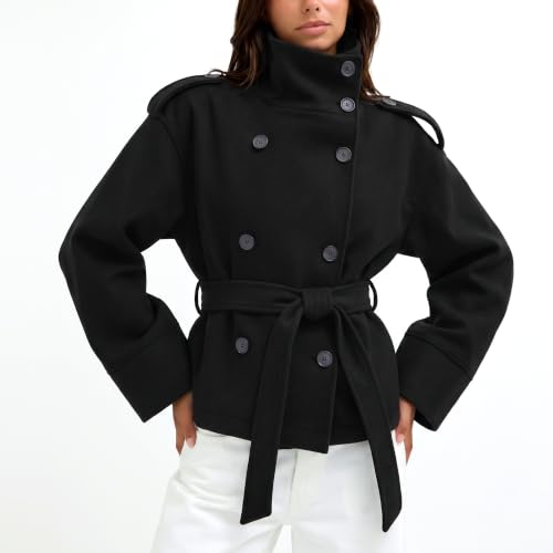 Belted Cropped Pea Coats for Women Fall Winter Funnel Neck Jacket