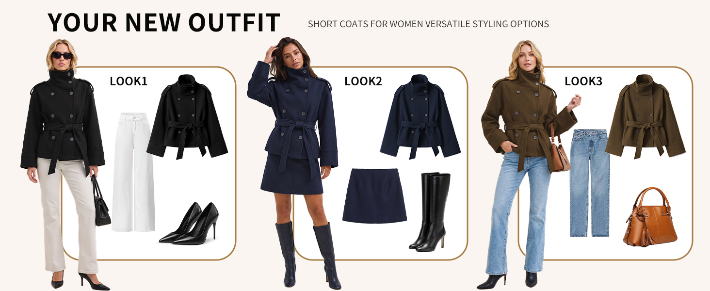 Double breasted fashion design with button closure shoulder tabs and removable belt showing different wear styles for womens peacoat