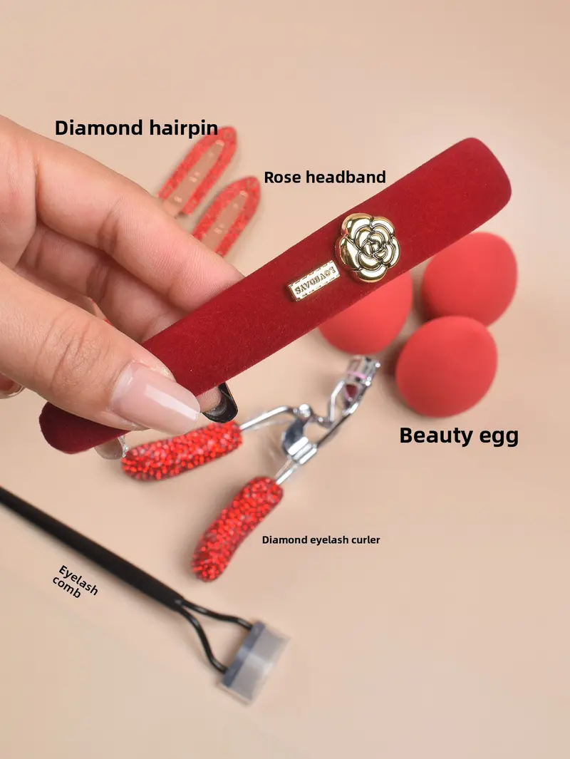 Exquisite matching details rose headband diamond hairpins beauty sponges coordinated red series full makeup prep