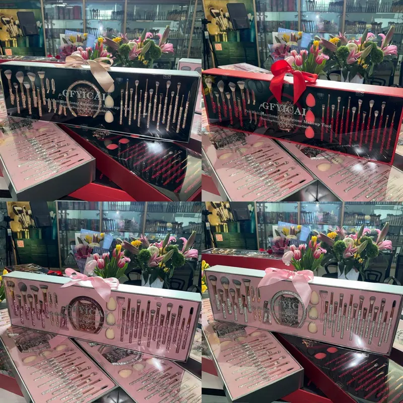 Luxury red makeup brush set sparkling red rhinestone handles soft bristles seamless blending complete makeup kit ideal gift beauty lovers