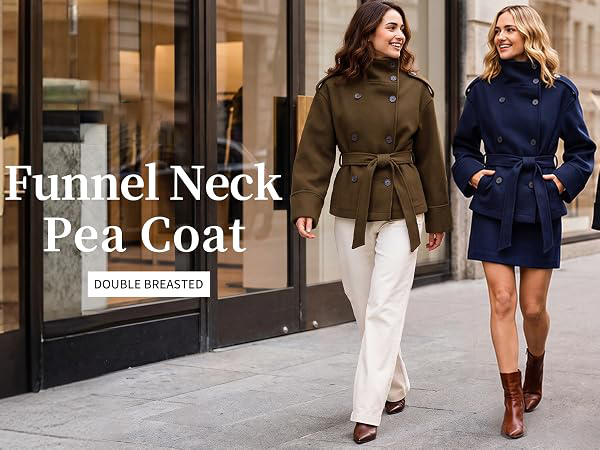 Cropped peacoat for women trendy belted coat with funnel high neck double breasted button closure and removable belt for fall winter outerwear
