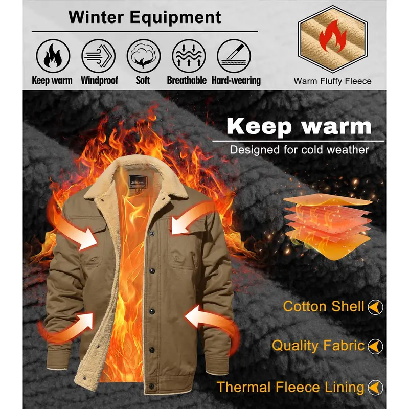 MAGCOMSEN Men's Sherpa Lined Winter Trucker Jacket Cotton Fleece Casual Khaki