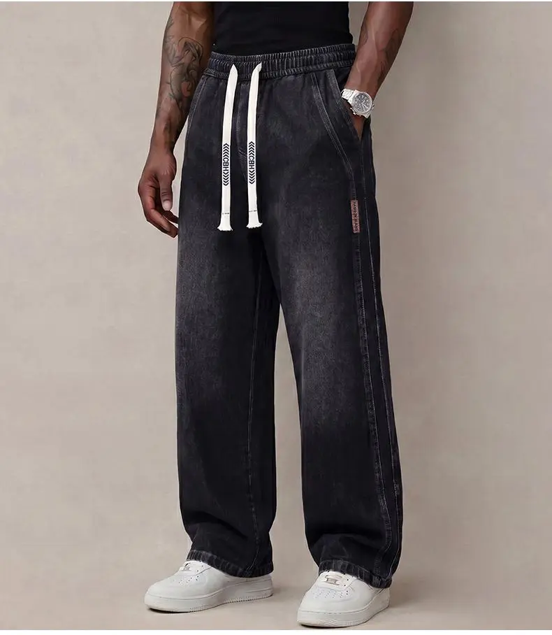 Men&rsquo;s autumn denim jeans &ndash; comfortable cotton fabric with slight stretch, trendy thick design, loose fit for everyday wear; long denim pants with drawstring elastic waistband, men&rsquo;s style.