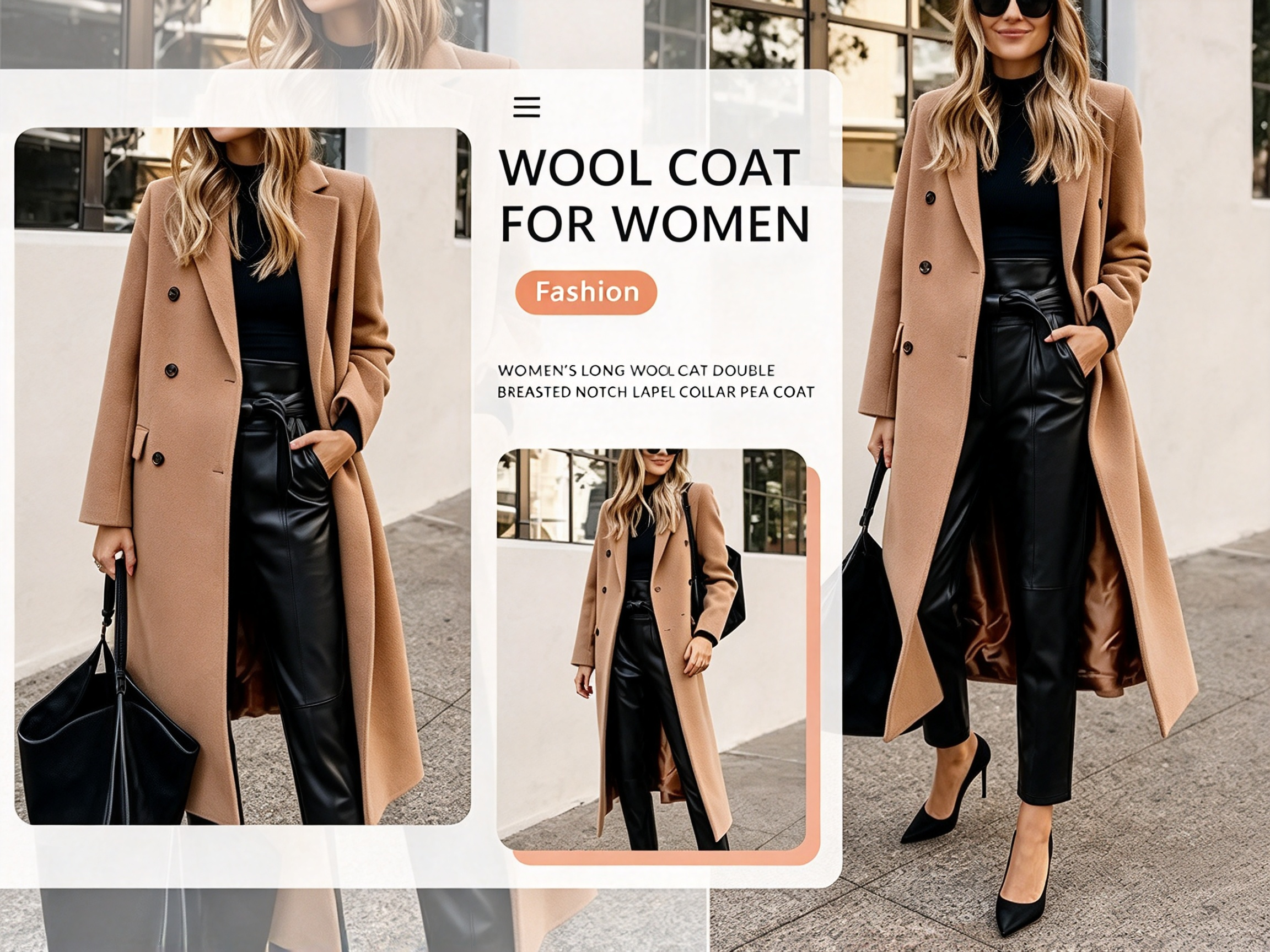 Women's long wool coat double breasted notch lapel collar pea coat for fall winter warm wool trench coat styling