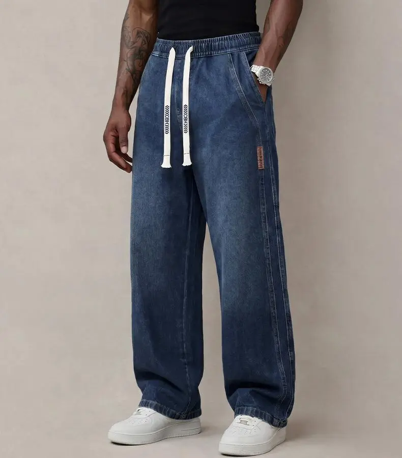 Men&rsquo;s autumn denim jeans &ndash; comfortable cotton fabric with slight stretch, trendy thick design, loose fit for everyday wear; long denim pants with drawstring elastic waistband, men&rsquo;s style.