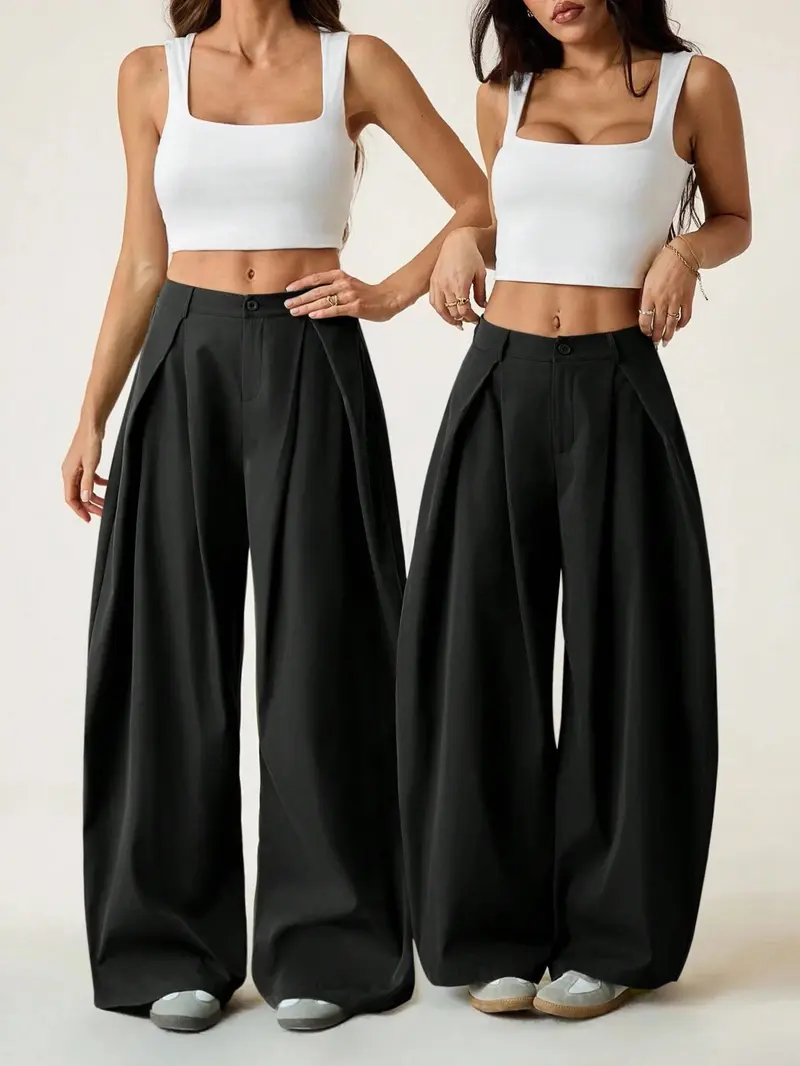 Women's Vintage Casual Street Style Loose Fit Baggy Pants, Elastic Waist Wide Leg Trousers, Retro Fashion Bottoms for Daily Wear