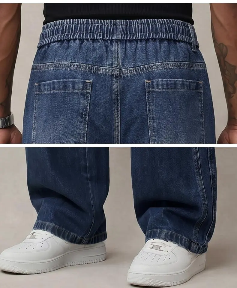 Men&rsquo;s autumn denim jeans &ndash; comfortable cotton fabric with slight stretch, trendy thick design, loose fit for everyday wear; long denim pants with drawstring elastic waistband, men&rsquo;s style.