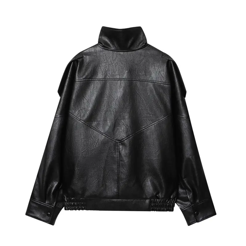 Women's Stand Collar Faux Leather Jacket, Streetwear Casual Style Outerwear Long Sleeve Coats for Spring & Fall, Waterproof & Windproof Clothes for Daily Wear, Oversized Jacket, Casual Fashionable Outerwear, Casual Collared Outerwear