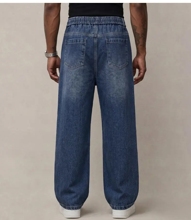 Men&rsquo;s autumn denim jeans &ndash; comfortable cotton fabric with slight stretch, trendy thick design, loose fit for everyday wear; long denim pants with drawstring elastic waistband, men&rsquo;s style.