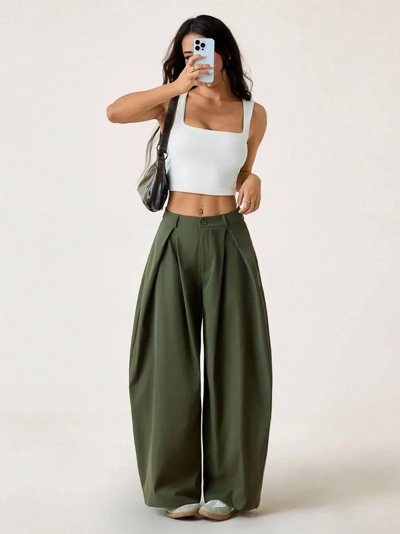 Women's Vintage Casual Street Style Loose Fit Baggy Pants, Elastic Waist Wide Leg Trousers, Retro Fashion Bottoms for Daily Wear