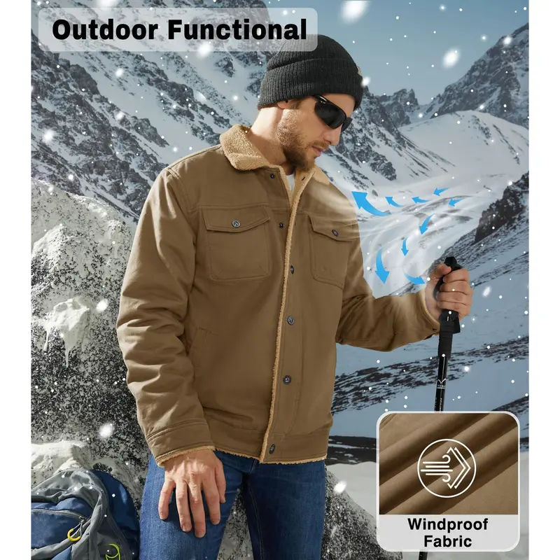 MAGCOMSEN Men's Sherpa Lined Winter Trucker Jacket Cotton Fleece Casual Khaki